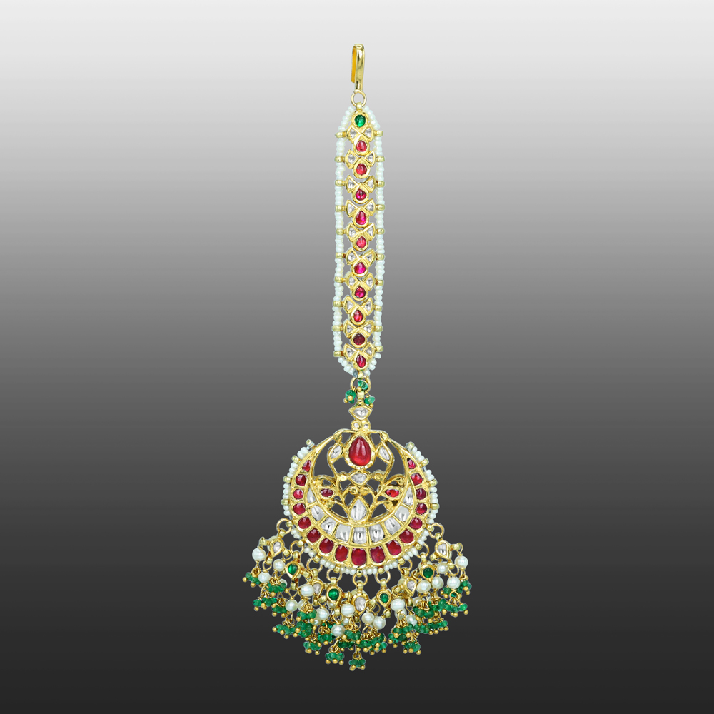 Red and Green Gemstone Mangtikka with Pearl Strands and Drops